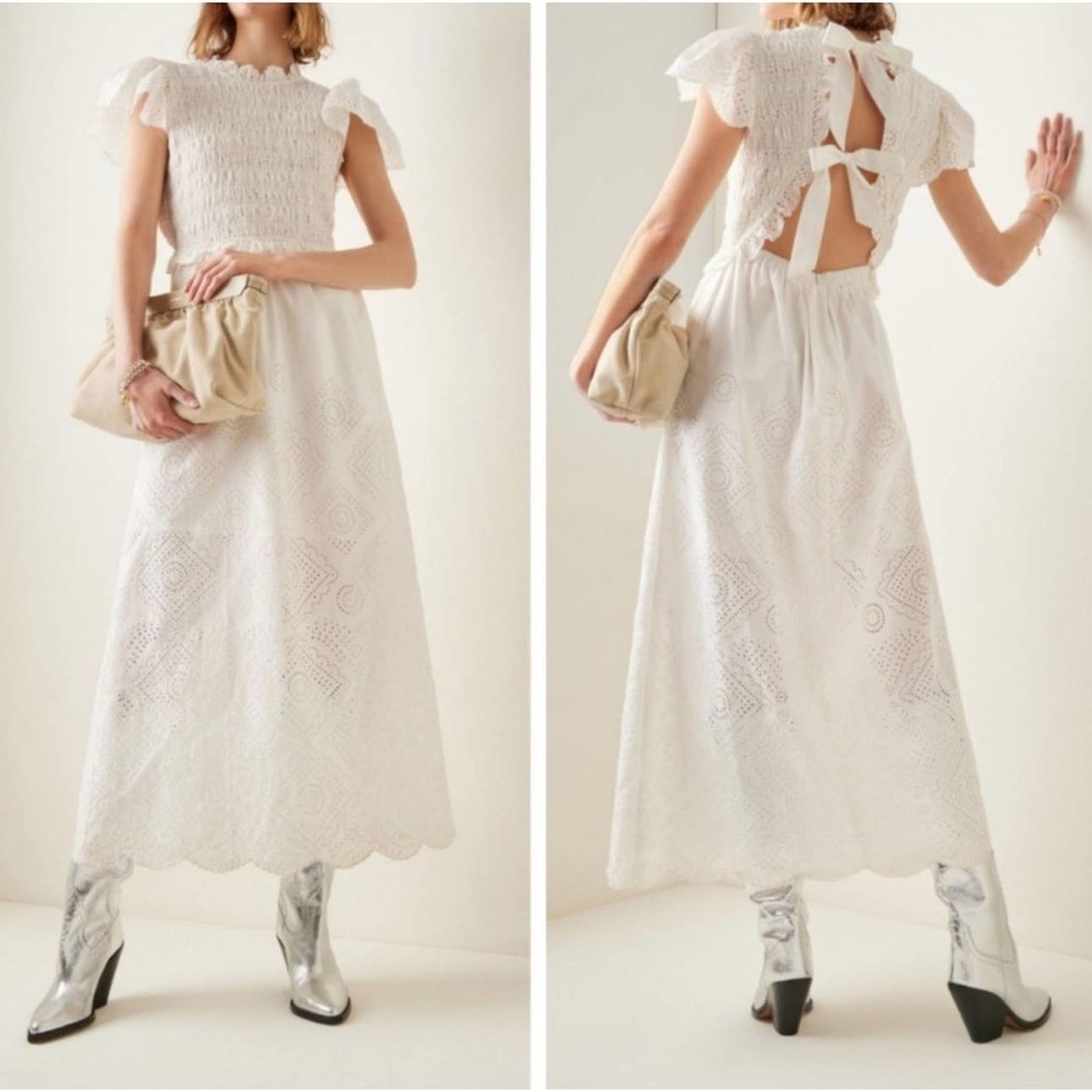 Sea New York White Vienne Eyelet Smocked MIDI Dress Size 8 NWT